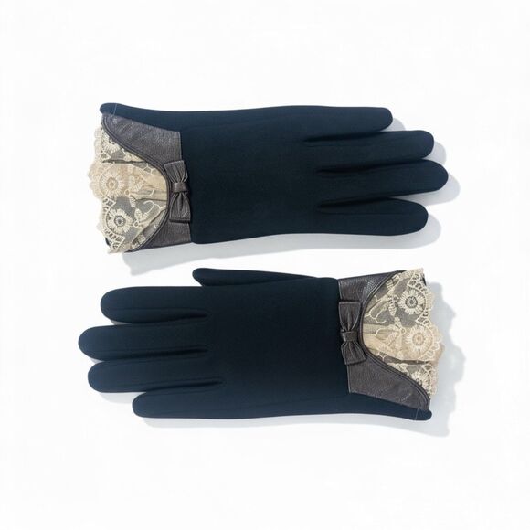 Victorian Trading Co. Soft Cashmere Black Gloves w/Lace & a Bow Women’s XL - Picture 2 of 12